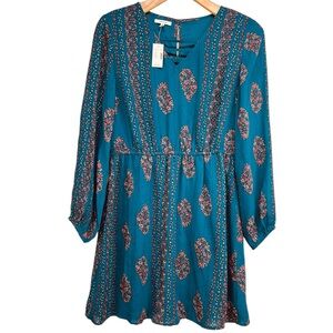 Maurices Fit and Flare Dark Teal Floral Lined V Neck Long Sleeve Dress Womens Lg